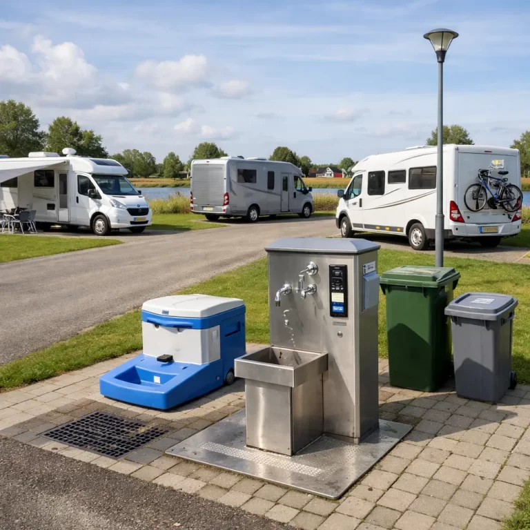 Moderne camperplaats in Nederland met watertappunt en loosvoorziening.