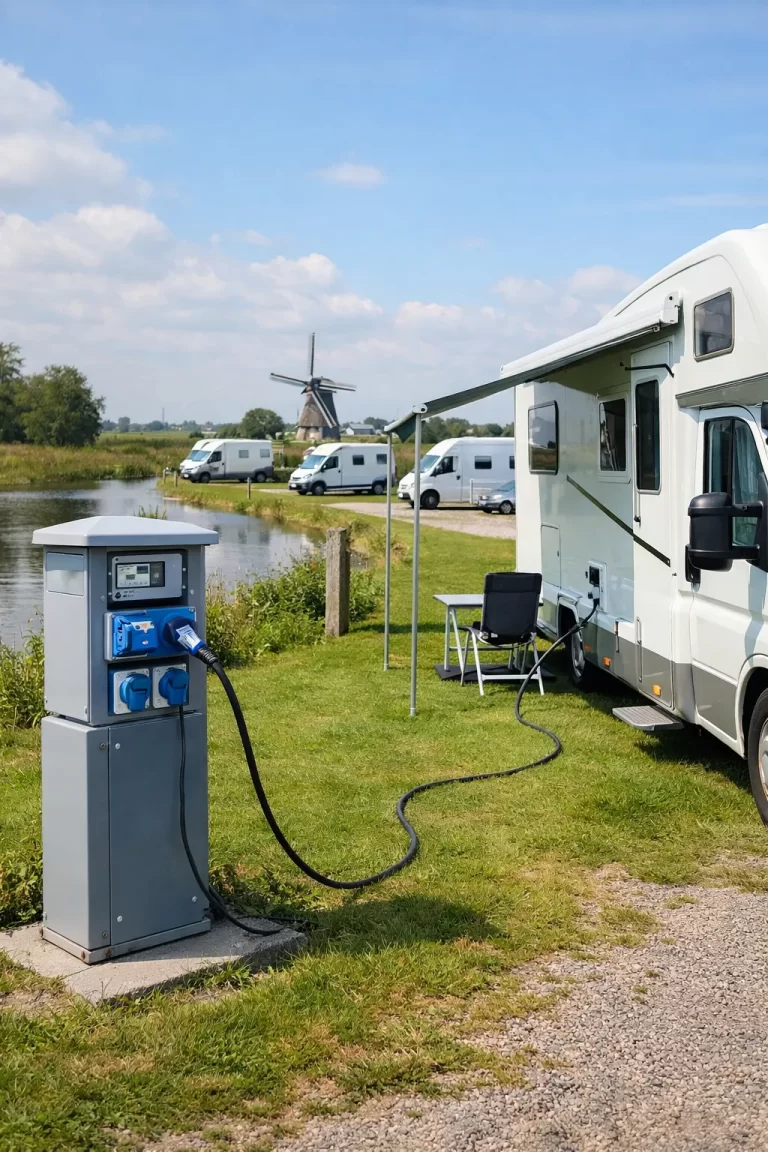 Rustige camperplaats aan het water met stroomaansluiting en typisch Nederlands landschap.
