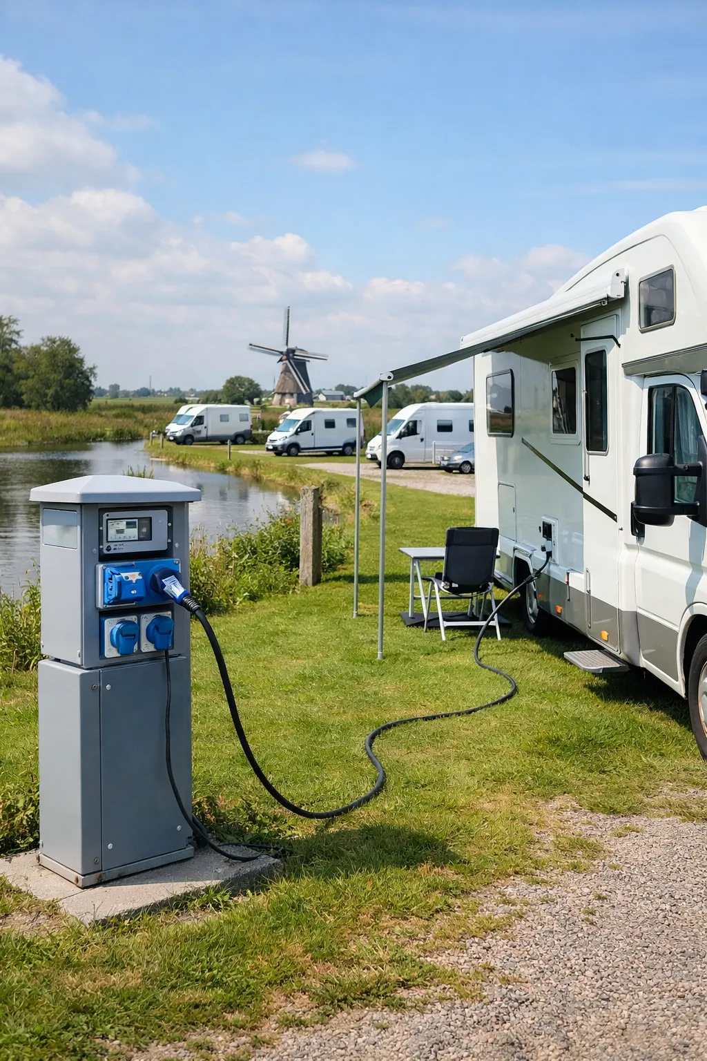 Rustige camperplaats aan het water met stroomaansluiting en typisch Nederlands landschap.