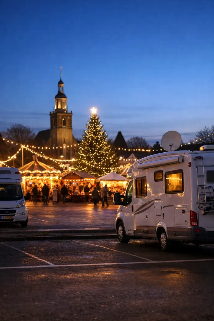 Gezellige camperplaats in Nederland naast een sfeervolle kerstmarkt in de avond.