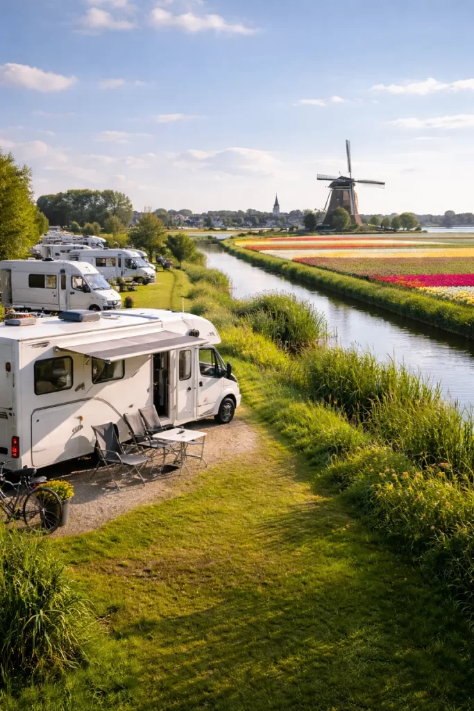 Rustige camperplaats in het Nederlandse landschap.