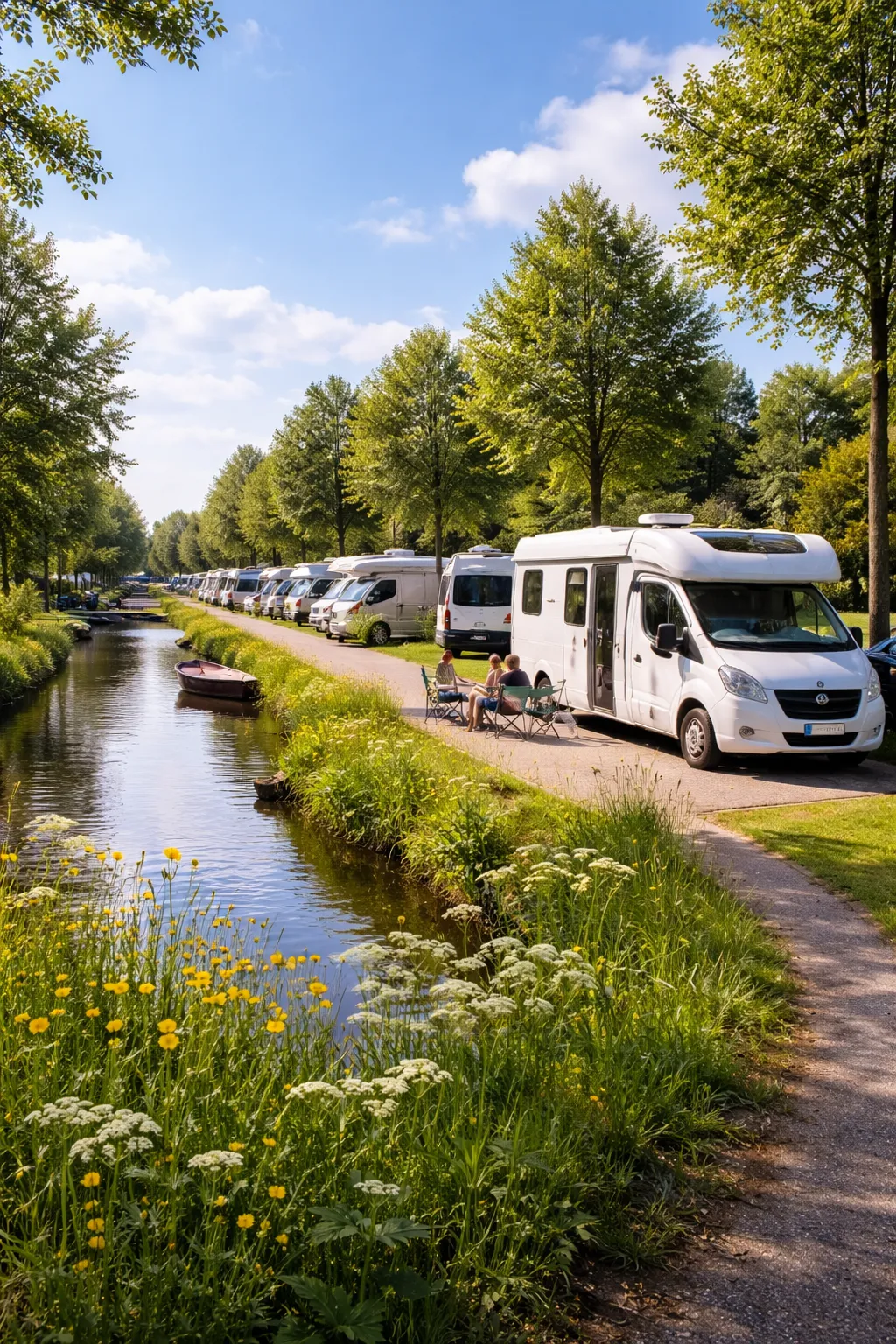 Rustige camperplaats langs het water, omringd door groen en geparkeerde campers.