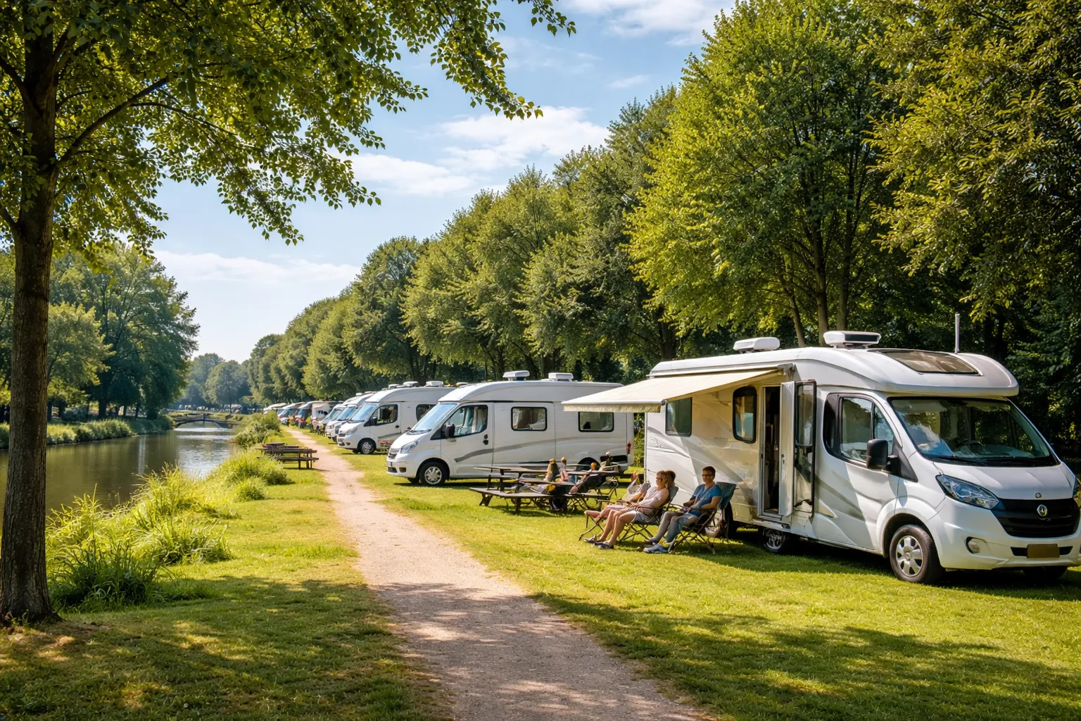Rustige, gratis camperplaats aan het water in een groene Nederlandse omgeving.