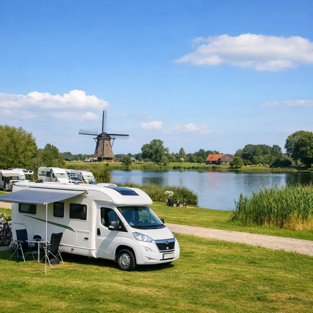 Rustige camperplaats aan het water in het Nederlandse landschap. Betaalbaar, groen en ideaal voor een korte stop of ontspannen overnachting.
