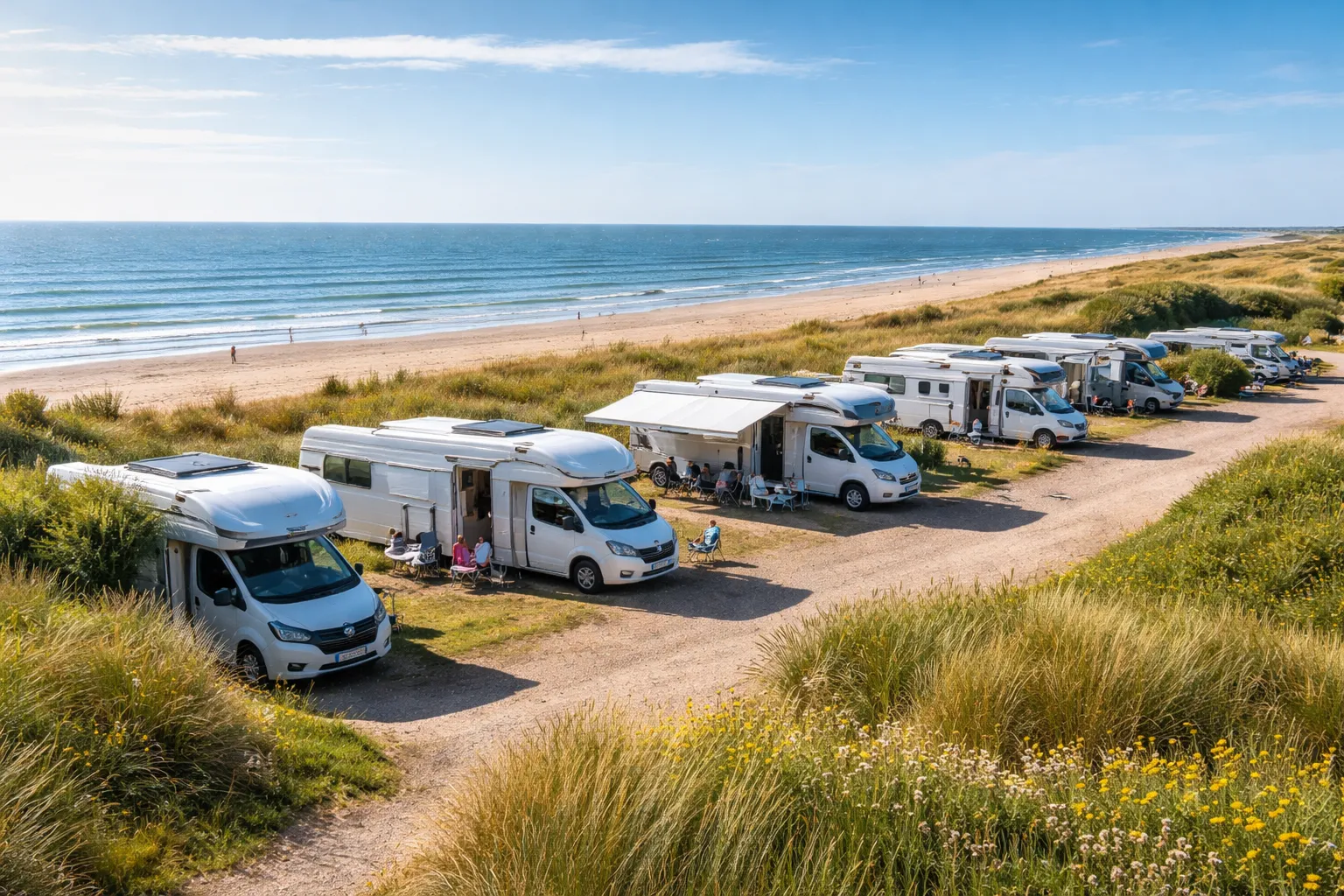 Rustige camperplaats aan de Nederlandse kust, vlak bij het strand.