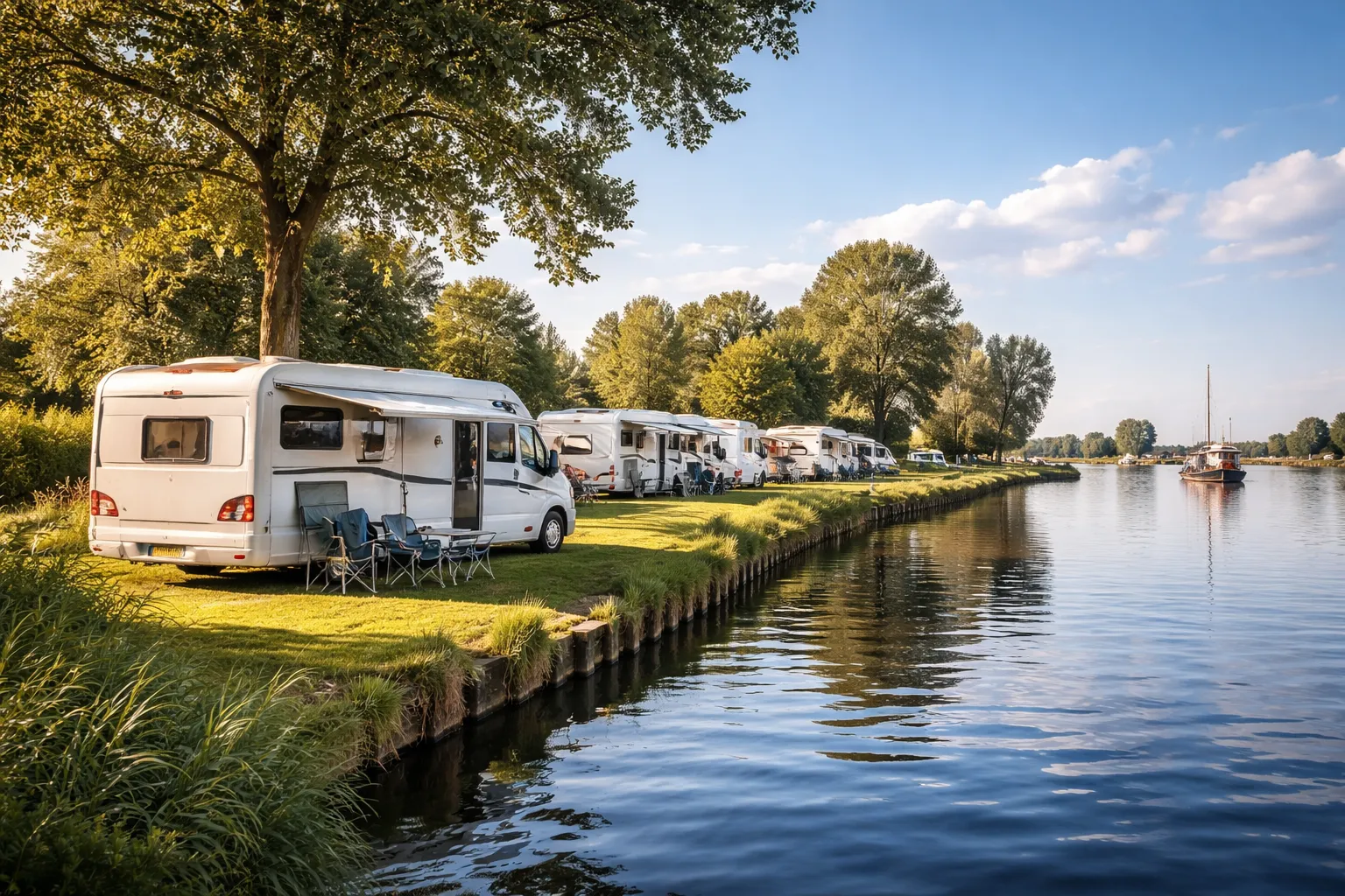 Rustige camperplaats direct aan het water, met een natuurlijke sfeer en mooi uitzicht.