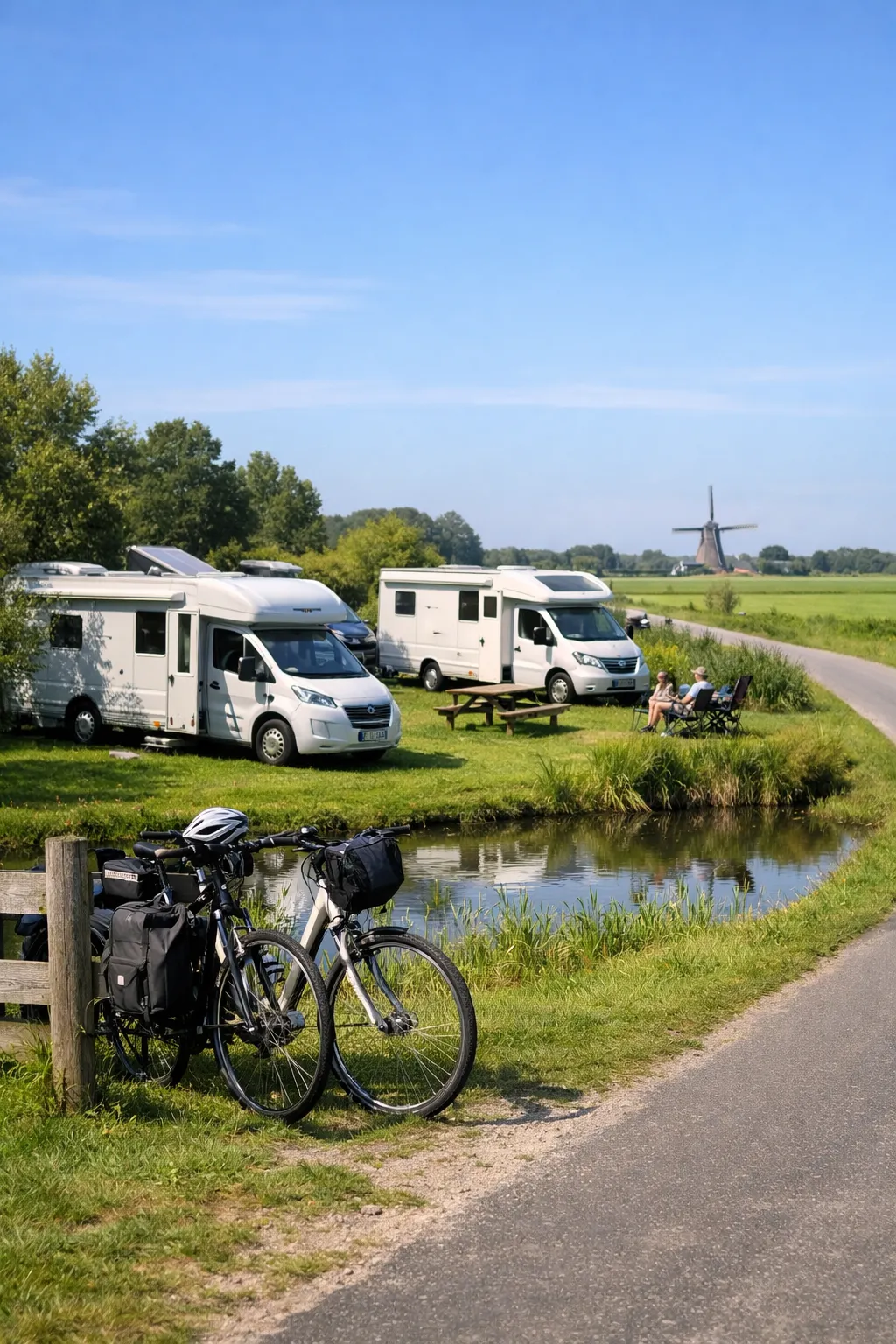 Rustige camperplaats aan een mooie fietsroute, midden in het Nederlandse landschap.