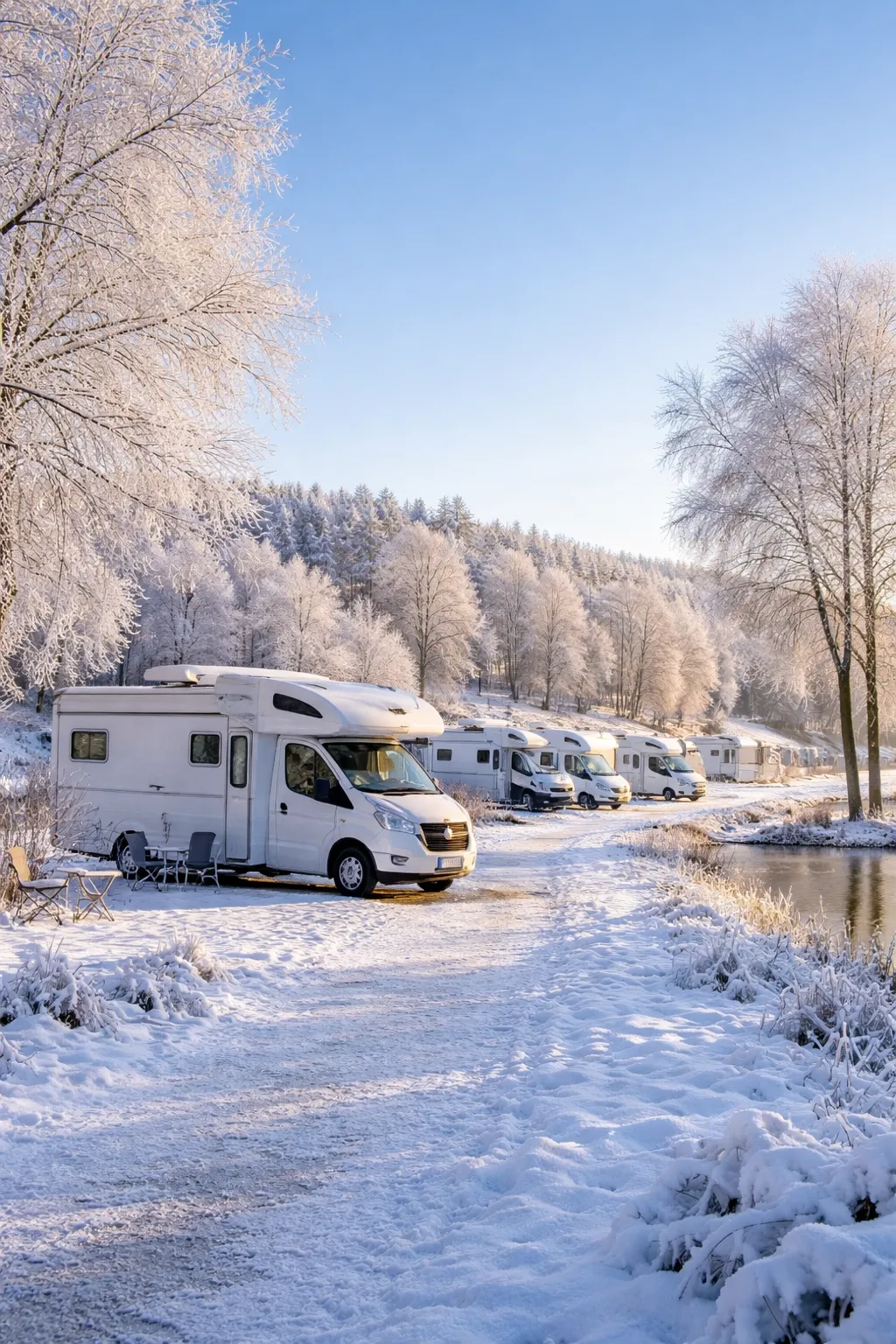 Rustige camperplaats in Nederland met sneeuw, rijp en campers langs het water.