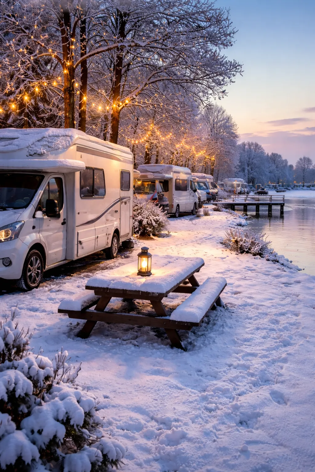 Sfeervolle camperplek aan het water in een Friese winter.