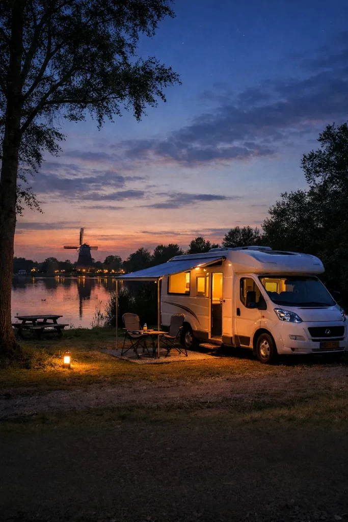 Rustige overnachtingsplek aan het water in Nederland.
