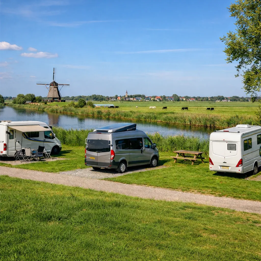 Rustige camperplek in het Nederlandse landschap.