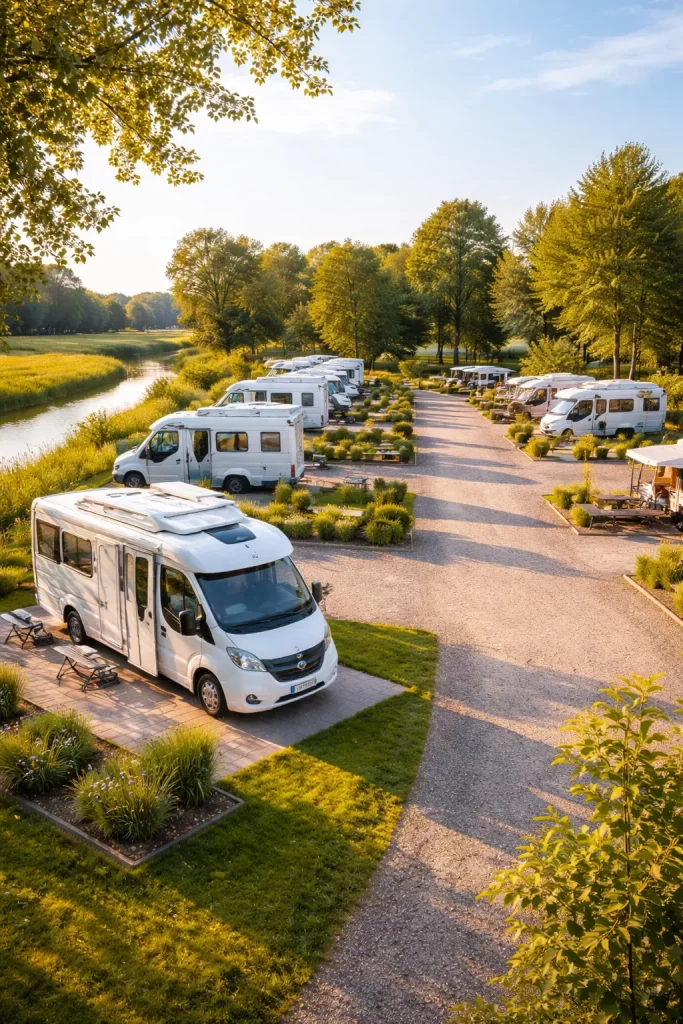 Rustige, moderne camperplaats aan het water met ruime staanplaatsen en veel groen.