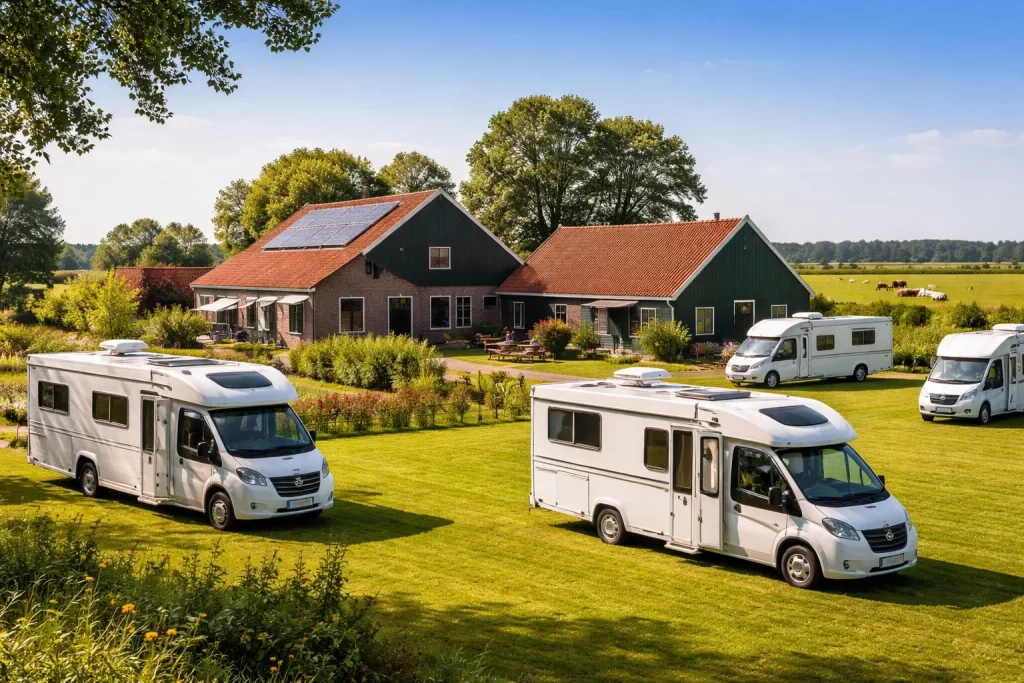 Rustige camperplek op een Nederlandse boerderij, midden in het groene landschap.